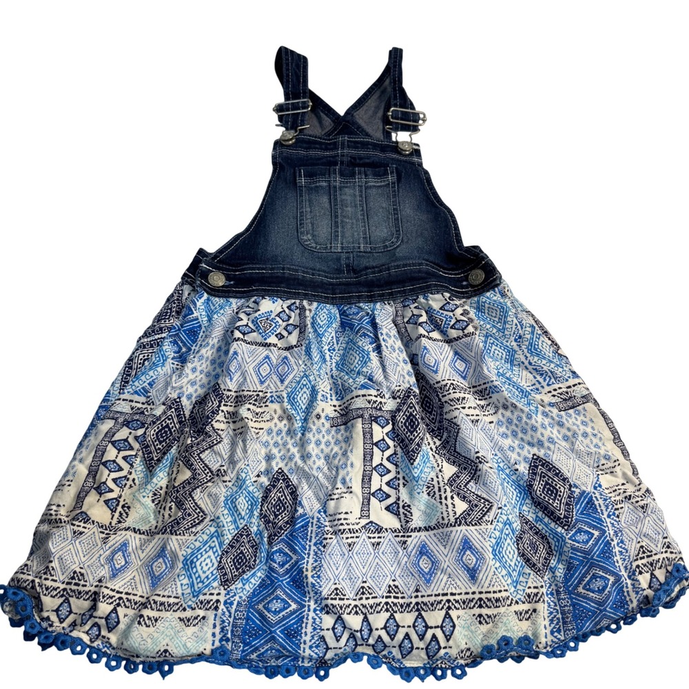 Jordache Girls Denim Overall Dress Blue White Geometric Skirt Lace Trim Size 7-8